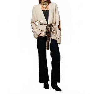 NEW BLUE B saddle stitch open-front cardigan in beige